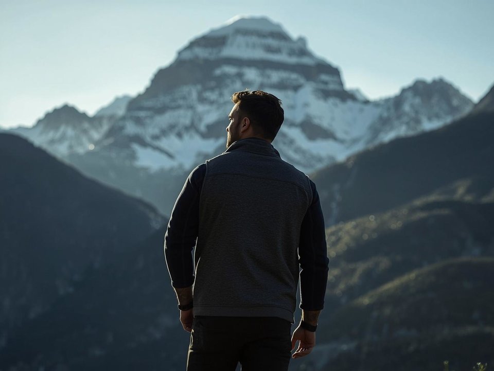 Przystojny mężczyzna lat 30 w górach stoi tyłem.jpg - Miloiprzyjemnie67